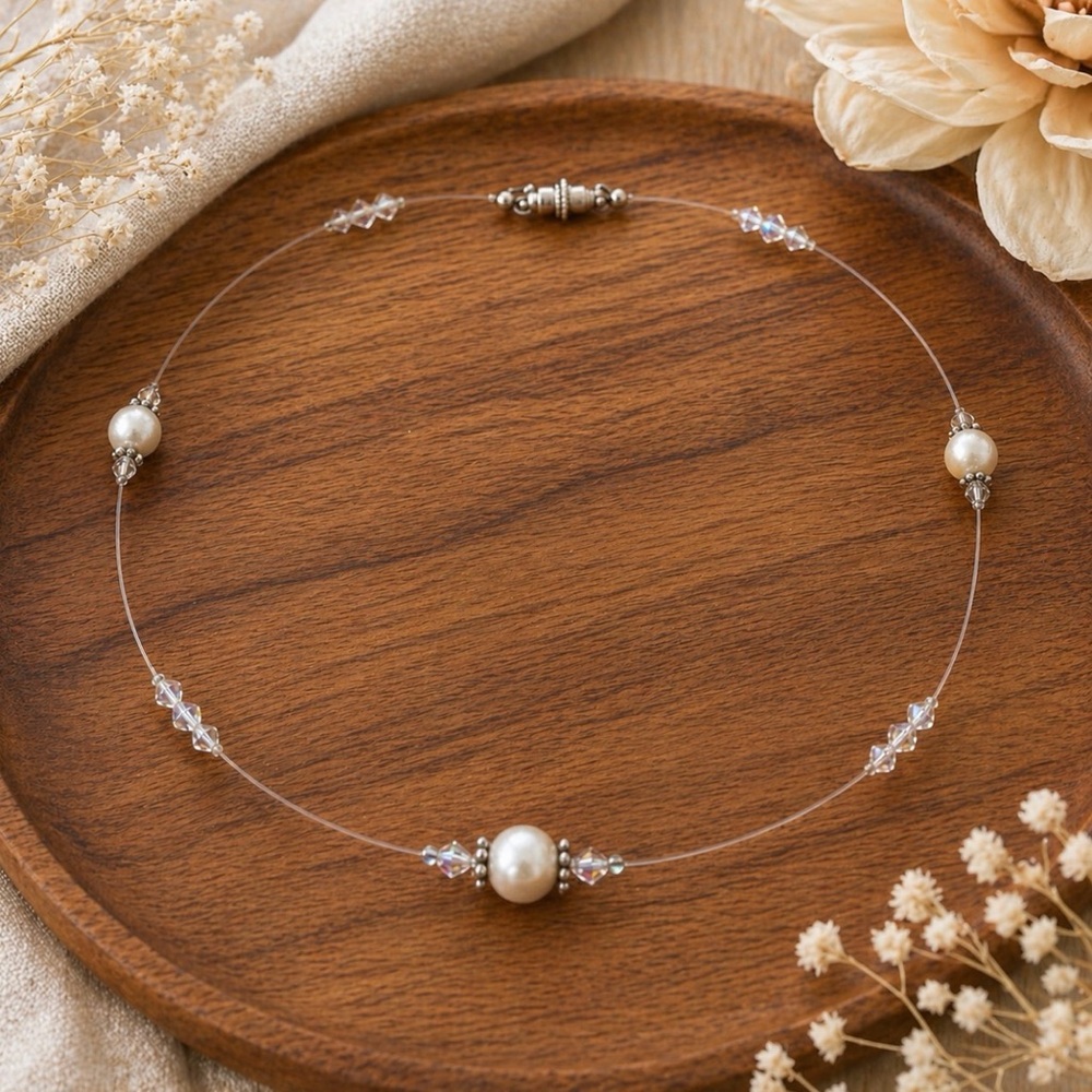 Pearl Illusion Choker Necklace - Elegant White Pearl Clear Strand Floating